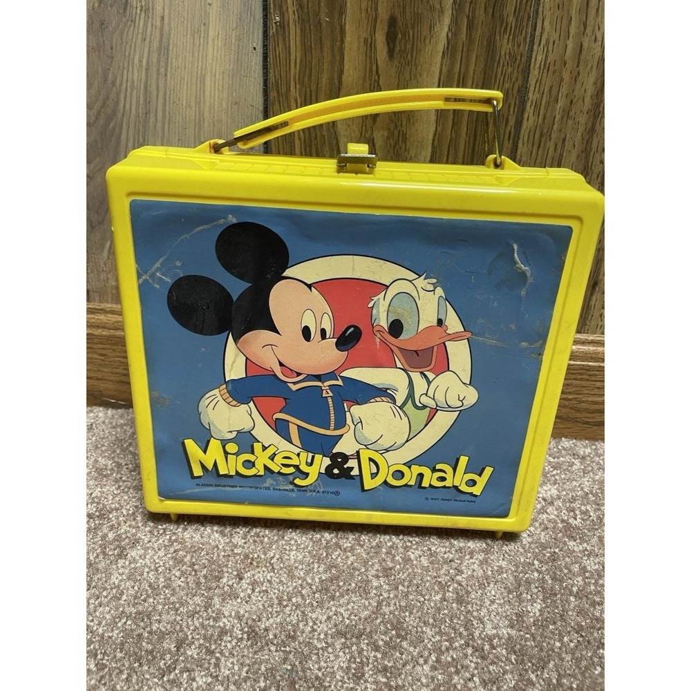 Vintage Mickey Mouse & Donald  Plastic Lunch Box Yellow Disney 1980s Collectable
